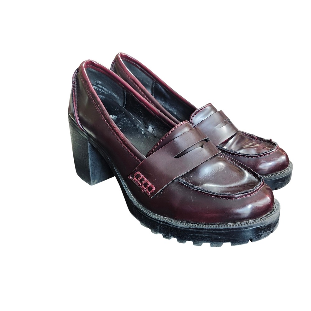 Y2K Dolce by Mojo Moxy Chunky Heel Penny Loafers 7.5 Burgundy Lug Sole Platform